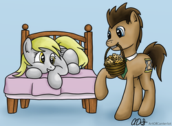 Size: 1024x754 | Tagged: safe, artist:artofcanterlot, derpy hooves, doctor whooves, time turner, earth pony, pegasus, pony, g4, basket, bed, duo, equestria's best husband, female, male, mare, muffin, stallion