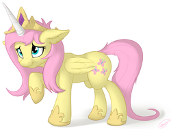 Size: 2500x1885 | Tagged: safe, artist:skipsy, fluttershy, pegasus, pony, g4, celestia's crown, costume, cute, ear fluff, fake horn, female, floppy ears, jewelry, mare, raised hoof, regalia, shy, shyabetes, shylestia, signature, simple background, solo, white background