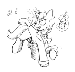 Size: 1280x1229 | Tagged: safe, artist:captainhoers, oc, oc only, oc:skyfall, pony, unicorn, alcohol, blushing, clothes, cravat, dancing, drunk, magic, singing, solo, suit