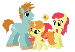 Size: 762x526 | Tagged: safe, artist:unoriginai, apple bloom, snips, oc, oc:ginger gold, pony, unicorn, g4, :t, base used, bucktooth, crack shipping, cute, cutie mark, female, filly, looking back, male, mare, offspring, older, older apple bloom, older snips, parent:apple bloom, parent:snips, parents:snipsbloom, shipping, smiling, snipsbloom, stallion, straight