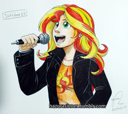 Size: 739x660 | Tagged: safe, artist:hazurasinner, sunset shimmer, human, equestria girls, g4, my little pony equestria girls: rainbow rocks, female, humanized, microphone, solo, traditional art, welcome to the show