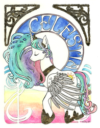 Size: 784x1000 | Tagged: safe, artist:helicityponi, princess celestia, alicorn, pony, g4, eyes closed, female, mare, modern art, nouveau, solo, traditional art, watercolor painting