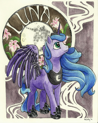 Size: 1000x1257 | Tagged: safe, artist:helicityponi, princess luna, alicorn, pony, g4, female, mare, mare in the moon, modern art, moon, nouveau, solo, traditional art, watercolor painting