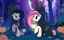 Size: 1000x621 | Tagged: safe, artist:shadowwolf, oc, oc only, pony, bedroom eyes, cloak, clothes, cute, female, halloween, lantern, mare, mouth hold, pumpkin, raised hoof, raised leg, smiling, witch