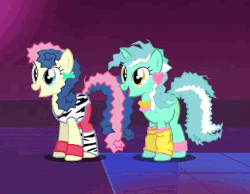 Size: 534x415 | Tagged: safe, artist:mysteryben, bon bon, lyra heartstrings, sweetie drops, earth pony, pony, unicorn, ponies: the anthology 3, g4, 80's fashion, 80s hair, animated, bobbing, cropped, curly hair, don't start un-believing, duo, female, gif, leg warmers, mare, open mouth, zebra stripes