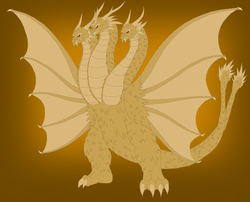 Size: 2996x2425 | Tagged: safe, artist:pyrus-leonidas, dragon, kaiju, fanfic:the bridge, barely pony related, fanfic art, godzilla (series), grand king ghidorah, high res, king ghidorah, male, multiple heads, orange background, simple background, spread wings, three heads, wings