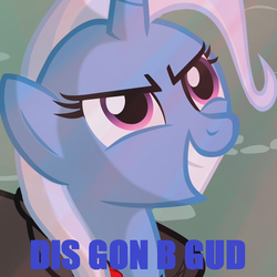 Size: 720x720 | Tagged: safe, screencap, trixie, pony, unicorn, g4, magic duel, blue text, dis gon b gud, female, grin, image macro, mare, meme, reaction image