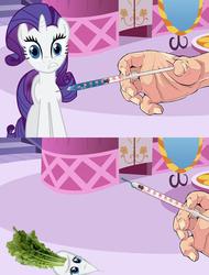 Size: 592x780 | Tagged: safe, artist:bnbn194, rarity, food pony, human, original species, pony, unicorn, g4, female, food transformation, hand, horn, mare, radish, raridish, shot, syringe, transformation, wat