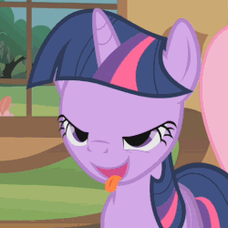 Size: 480x480 | Tagged: safe, edit, screencap, fluttershy, twilight sparkle, pony, unicorn, a bird in the hoof, g4, adorkable, animated, blinking, cute, dork, faic, female, invisible stallion, licking, licking lips, lidded eyes, looking at you, mare, mlem, open mouth, out of context, silly, smiling, solo focus, tongue out, unicorn twilight