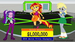 Size: 1500x844 | Tagged: safe, artist:imperfectxiii, artist:katequantum, artist:theshadowstone, aria blaze, derpy hooves, sunset shimmer, equestria girls, g4, my little pony equestria girls: rainbow rocks, duel, game show, millionaire, sleeveless