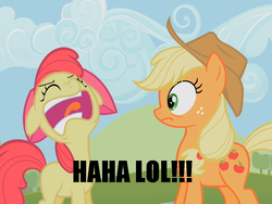 Size: 960x720 | Tagged: safe, edit, edited screencap, screencap, apple bloom, applejack, g4, sisterhooves social, faic, tongue out