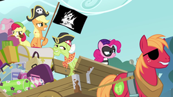 Size: 1280x720 | Tagged: safe, edit, edited screencap, screencap, apple bloom, applejack, big macintosh, granny smith, pinkie pie, earth pony, pony, g4, pinkie apple pie, bicorne, burglar, cart, eyepatch, hat, logo, luggage, male, pirate, stallion, the pirate bay, thief