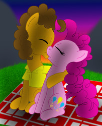 Size: 909x1118 | Tagged: safe, artist:crazynutbob, cheese sandwich, pinkie pie, g4, female, kissing, male, ship:cheesepie, shipping, straight, sunset