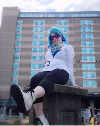 Size: 576x723 | Tagged: safe, artist:mintyblitzz, dj pon-3, vinyl scratch, human, g4, clothes, cosplay, female, headphones, hoodie, irl, irl human, leggings, photo, sneakers, solo, sunglasses