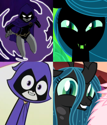 Size: 777x909 | Tagged: source needed, safe, queen chrysalis, oc, oc:fluffle puff, g4, comparison, raven (dc comics), teen titans, teen titans go