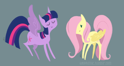 Size: 800x425 | Tagged: safe, artist:egophiliac, fluttershy, twilight sparkle, alicorn, pony, g4, female, height difference, mare, twilight sparkle (alicorn)