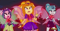 Size: 1840x952 | Tagged: safe, screencap, adagio dazzle, aria blaze, sonata dusk, equestria girls, g4, my little pony equestria girls: rainbow rocks, bare shoulders, faic, fin wings, frown, oh crap, ponied up, sleeveless, the dazzlings