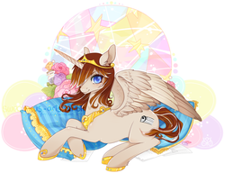 Size: 1280x985 | Tagged: safe, artist:sweetlotus, oc, oc only, alicorn, pony, alicorn oc, ambiguous gender, clothes, flower, jewelry, male, necklace, peytral, pillow, princess, shoes, solo, stained glass, stallion, tiara