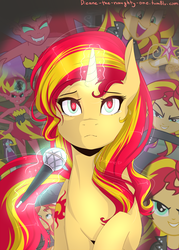 Size: 2533x3540 | Tagged: safe, artist:diane-the-naughty-one, sunset shimmer, pony, unicorn, g4, crown, evil, female, high res, hypnosis, jewelry, magic, microphone, regalia, solo, sunset satan, teary eyes