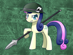 Size: 1000x750 | Tagged: safe, artist:hashioaryut, bon bon, sweetie drops, earth pony, pony, g4, female, helmet, mare, pixiv, solo, spear