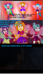 Size: 1032x1756 | Tagged: safe, adagio dazzle, aria blaze, sonata dusk, kaiju, equestria girls, g4, my little pony equestria girls: rainbow rocks, crossover, godzilla, godzilla (series), godzilla 2014, godzilla of justice meme, sleeveless, text, the dazzlings