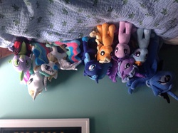 Size: 2592x1936 | Tagged: safe, artist:mercurypony, applejack, princess celestia, princess luna, rainbow dash, spike, twilight sparkle, g4, bootleg, build-a-bear, build-a-bear workshop, collection, fake, irl, photo, plushie, s1 luna, spike plushie, upside down