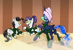 Size: 1500x1028 | Tagged: safe, artist:pedantia, princess luna, rarity, oc, oc:front page, g4, cucumber, face mask, mud mask, sauna, seaweed wrap