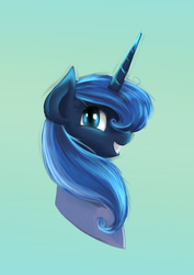 Size: 1447x2047 | Tagged: safe, artist:lovelyneckbeard, princess luna, g4, female, grin, looking at you, portrait, profile, s1 luna, smiling, solo, squee