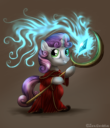 Size: 1143x1331 | Tagged: dead source, safe, artist:lova-gardelius, sweetie belle, pony, unicorn, g4, bipedal, clothes, crystal, dexterous hooves, female, mage, magicka, robe, solo, staff, wizard