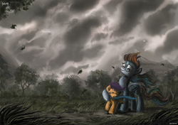 Size: 1285x904 | Tagged: safe, artist:jowyb, rainbow dash, scootaloo, pegasus, pony, g4, clothes, cloud, dark, dark clouds, eyes closed, female, filly, foal, folded wings, grass, hug, leaf, mare, raised hoof, scarf, scootalove, signature, storm, stormcloud, tail, tree, wind, windswept mane, windswept tail, wings