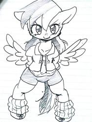 Size: 768x1024 | Tagged: dead source, safe, artist:yajima, rainbow dash, pegasus, pony, semi-anthro, g4, arm hooves, bipedal, clothes, female, jacket, lineart, looking at you, mare, monochrome, sketch, socks, solo