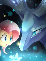 Size: 1000x1300 | Tagged: safe, artist:sion-ara, fluttershy, xerneas, g4, crossover, flower, happy, open mouth, pokémon, pokémon x and y