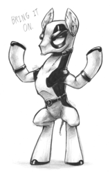 Size: 884x1391 | Tagged: safe, artist:erudier, pony, bipedal, deadpool, marvel, monochrome, ponified, solo, traditional art