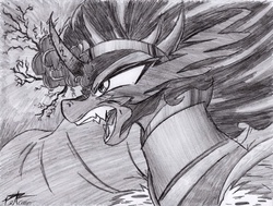 Size: 1818x1378 | Tagged: safe, artist:petanoprime, king sombra, g4, fangs, grayscale, growling, magic, male, monochrome, open mouth, solo, traditional art