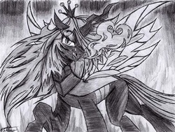 Size: 636x482 | Tagged: safe, artist:petanoprime, queen chrysalis, changeling, changeling queen, g4, female, grayscale, monochrome, solo, traditional art
