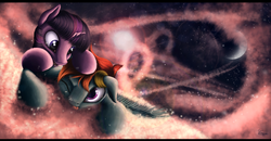 Size: 5468x2854 | Tagged: safe, artist:detomasko, rainbow dash, twilight sparkle, alicorn, pony, g4, female, lesbian, mare, ship:twidash, shipping, sky, twilight sparkle (alicorn)