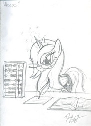 Size: 2550x3509 | Tagged: safe, artist:bigponymac, princess luna, alicorn, pony, fanfic:progress, g4, abacus, book, fanfic art, female, glasses, grayscale, high res, magic, mare, monochrome, quill, s1 luna, solo, traditional art