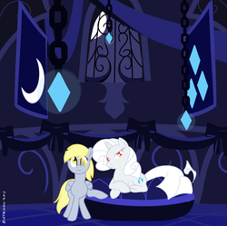 Size: 2352x2345 | Tagged: safe, artist:dotrook, derpy hooves, rarity, pegasus, pony, unicorn, g4, albino, alternate hairstyle, alternate universe, crescent moon, fanfic art, female, high res, mare, moon, prone