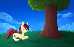 Size: 1023x655 | Tagged: safe, artist:shadowh00f, roseluck, earth pony, pony, g4, bow, female, mare, prone, solo, tail bow, tree, wink