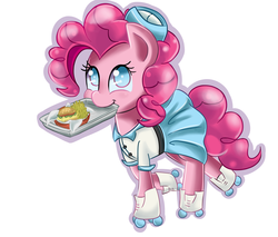 Size: 2000x1700 | Tagged: safe, artist:scarletts-fever, pinkie pie, g4, burger, carhop, clothes, cute, diapinkes, female, food, hay burger, hilarious in hindsight, mouth hold, no pupils, roller skates, simple background, solo, waitress, white background