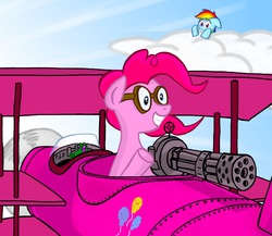 Size: 1024x888 | Tagged: safe, artist:fimflamfilosophy, gummy, pinkie pie, rainbow dash, g4, machine gun, minigun, partillery, pink baron, plane