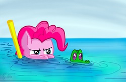 Size: 938x610 | Tagged: safe, artist:fimflamfilosophy, gummy, pinkie pie, g4, snorkel, swimming