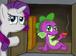 Size: 1024x762 | Tagged: safe, artist:fimflamfilosophy, rarity, spike, g4, cupboard, gem, smoking