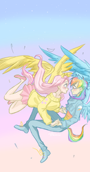 Size: 909x1737 | Tagged: safe, artist:kinnme, fluttershy, rainbow dash, human, g4, eared humanization, female, humanized, lesbian, ship:flutterdash, shipping, tailed humanization, winged humanization