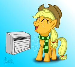 Size: 1024x918 | Tagged: safe, artist:fimflamfilosophy, applejack, g4, air conditioner, clothes, cowboy hat, cute, female, gradient background, hat, scarf, signature, smiling, solo, stetson