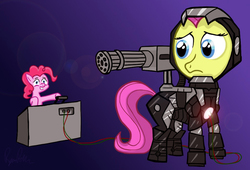 Size: 1024x697 | Tagged: safe, artist:fimflamfilosophy, fluttershy, pinkie pie, g4, armor, machine gun, minigun, superhero, war machine