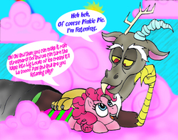 Size: 500x391 | Tagged: safe, artist:donnyfate, discord, pinkie pie, g4, blanket, cloud, cloudy, cotton candy cloud, ship:discopie, shipping