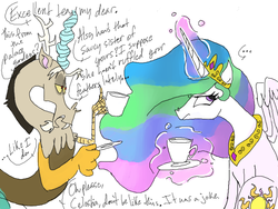 Size: 800x600 | Tagged: safe, artist:moon petals, discord, princess celestia, g4, tea