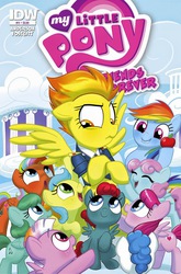 Size: 988x1500 | Tagged: safe, artist:amymebberson, artist:jay fosgitt, flutterbye, heart throb, medley, rainbow dash, spitfire, wind whistler, pegasus, pony, g1, g4, idw, spoiler:comic, spoiler:comicff11, apple, cloudsdale, cover, cute, female, filly, g1 to g4, generation leap, idw advertisement, mare, misspelling, mythology gag, nonet, ted anderson, typo of unintentional hilarity, you had one job