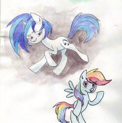 Size: 1037x1047 | Tagged: safe, artist:moon petals, dj pon-3, rainbow dash, vinyl scratch, g4, colored sketch, sketch